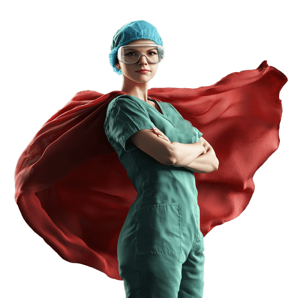 A confident female healthcare professional in scrubs wearing a red cape draped over her shoulders.