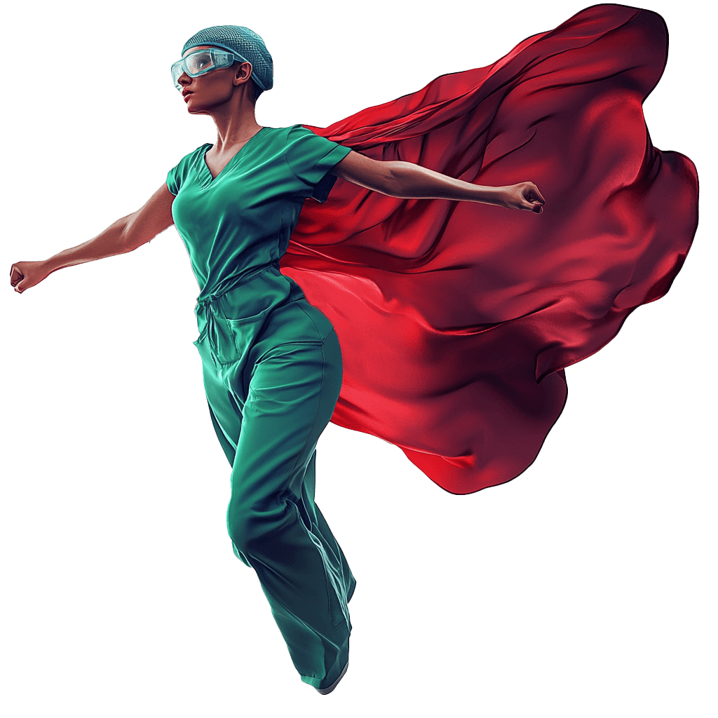 A confident female healthcare professional in scrubs wearing a red cape draped over her shoulders, in a flying pose.