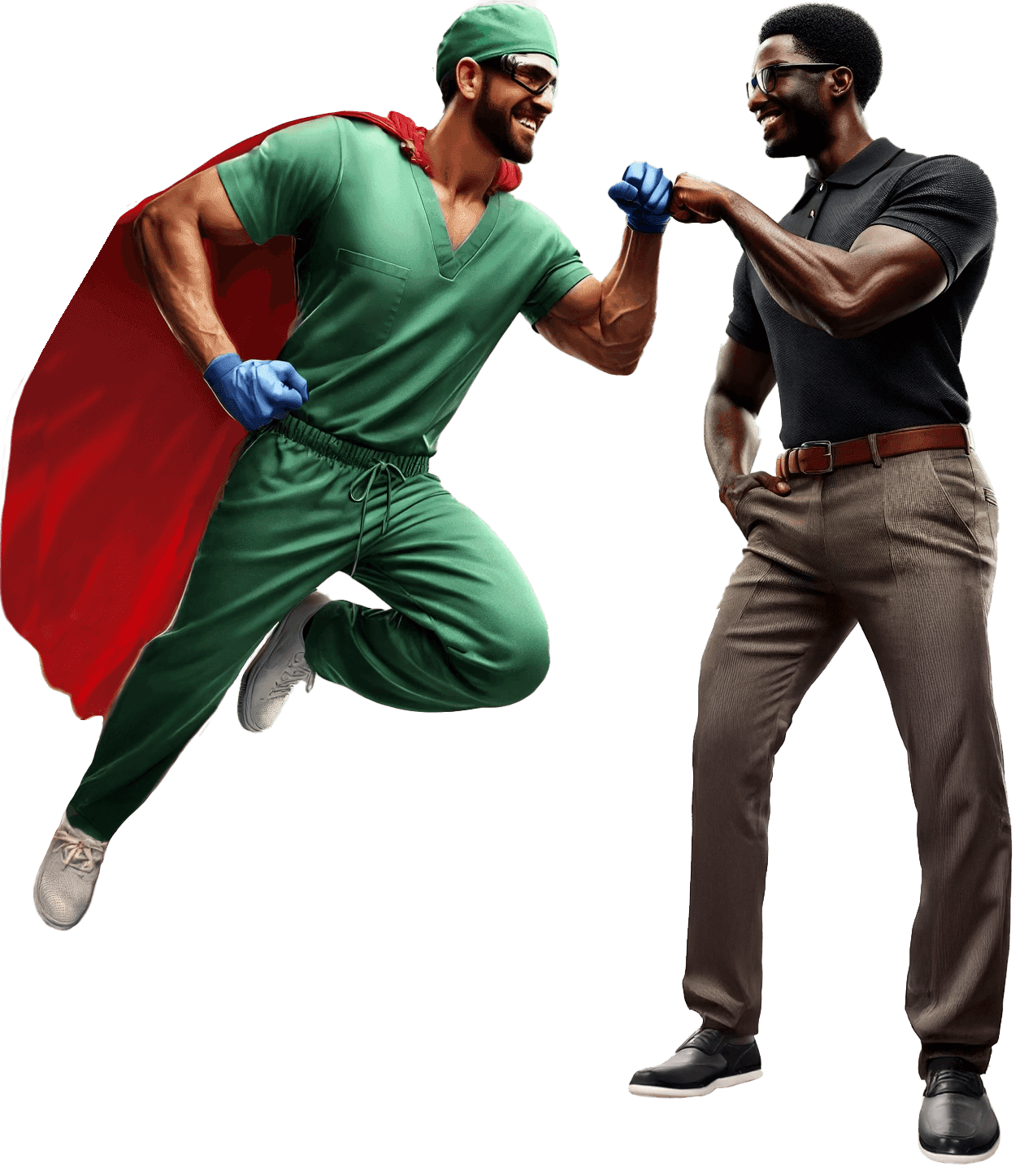 A healthcare professional dressed in green scrubs, gloves, and a red cape enthusiastically fist-bumping a casually dressed man in a black polo shirt and beige trousers. The scene symbolizes teamwork, gratitude, and camaraderie, with the healthcare worker depicted as a superhero figure.