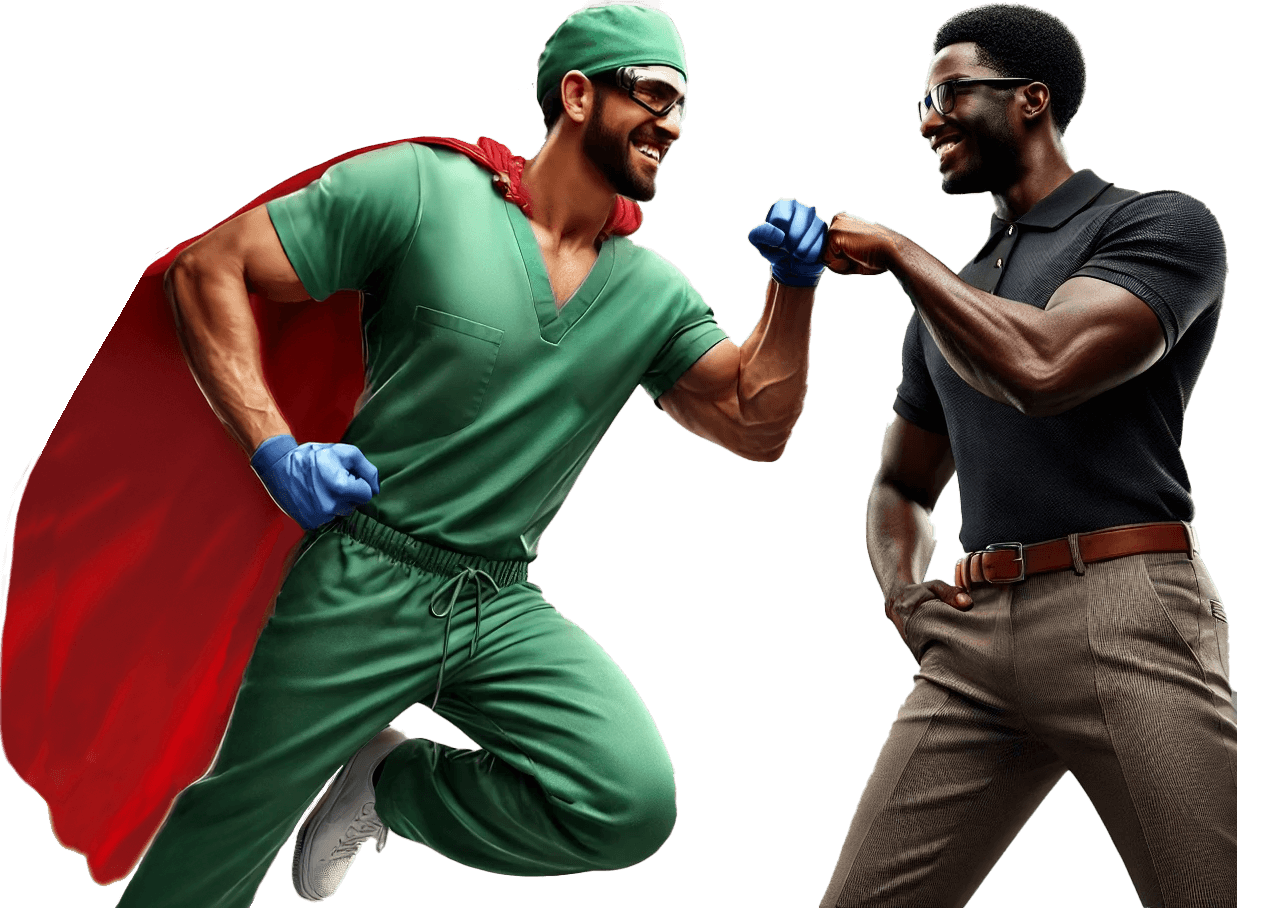 A healthcare professional dressed in green scrubs, gloves, and a red cape enthusiastically fist-bumping a casually dressed man in a black polo shirt and beige trousers. The scene symbolizes teamwork, gratitude, and camaraderie, with the healthcare worker depicted as a superhero figure.