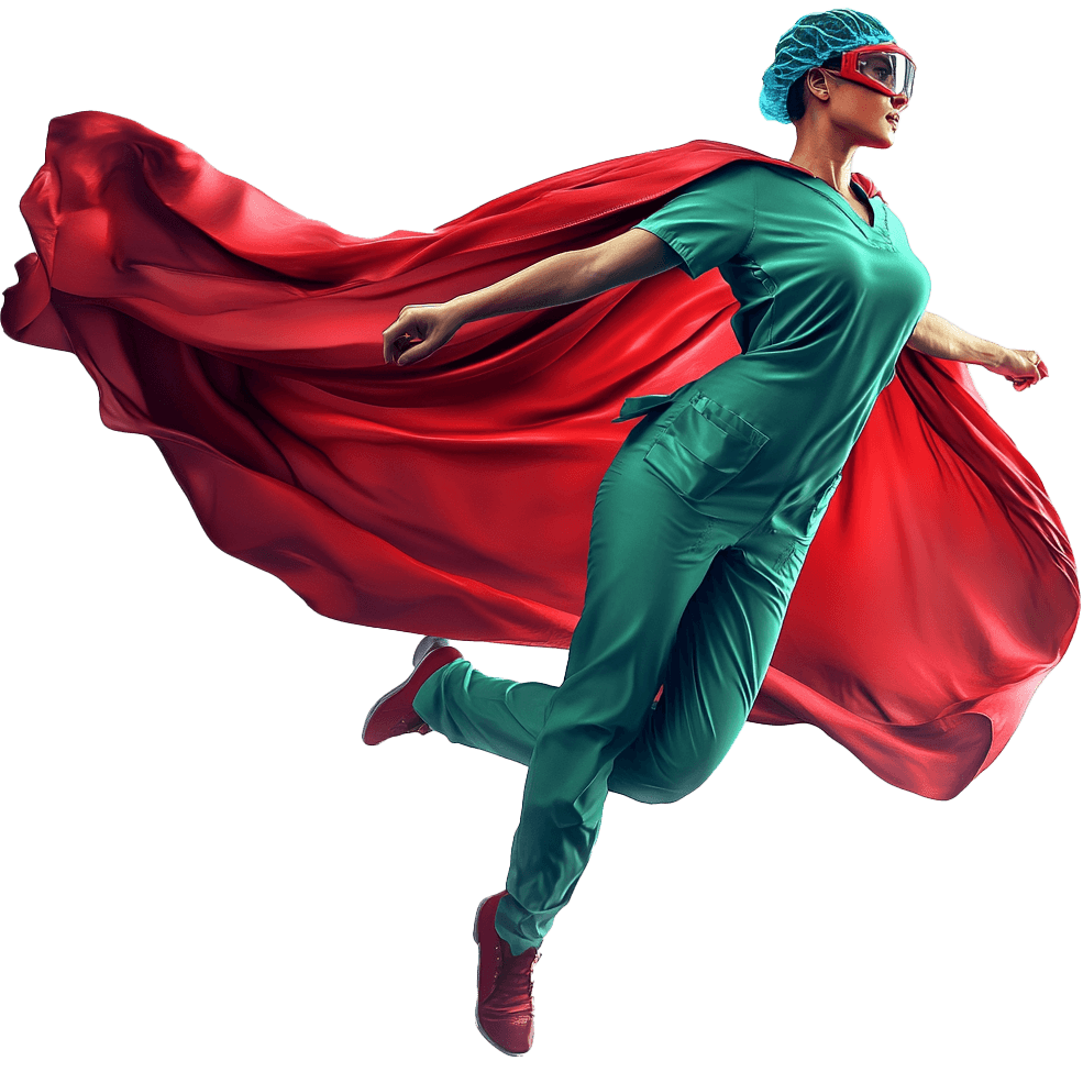 A confident female healthcare professional in scrubs wearing a red cape draped over her shoulders, in a flying pose.