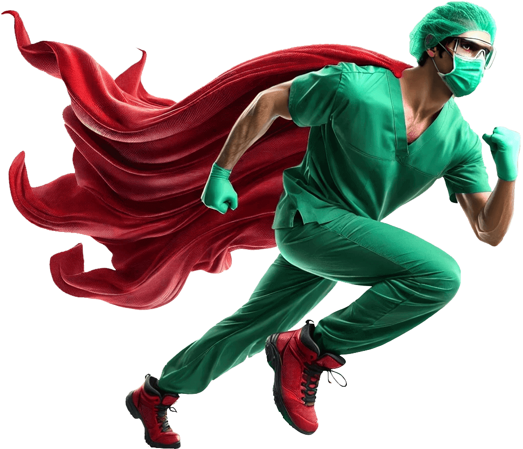 A confident male healthcare professional in scrubs standing in a sterile hospital setting, wearing a red cape draped over his shoulders, running.